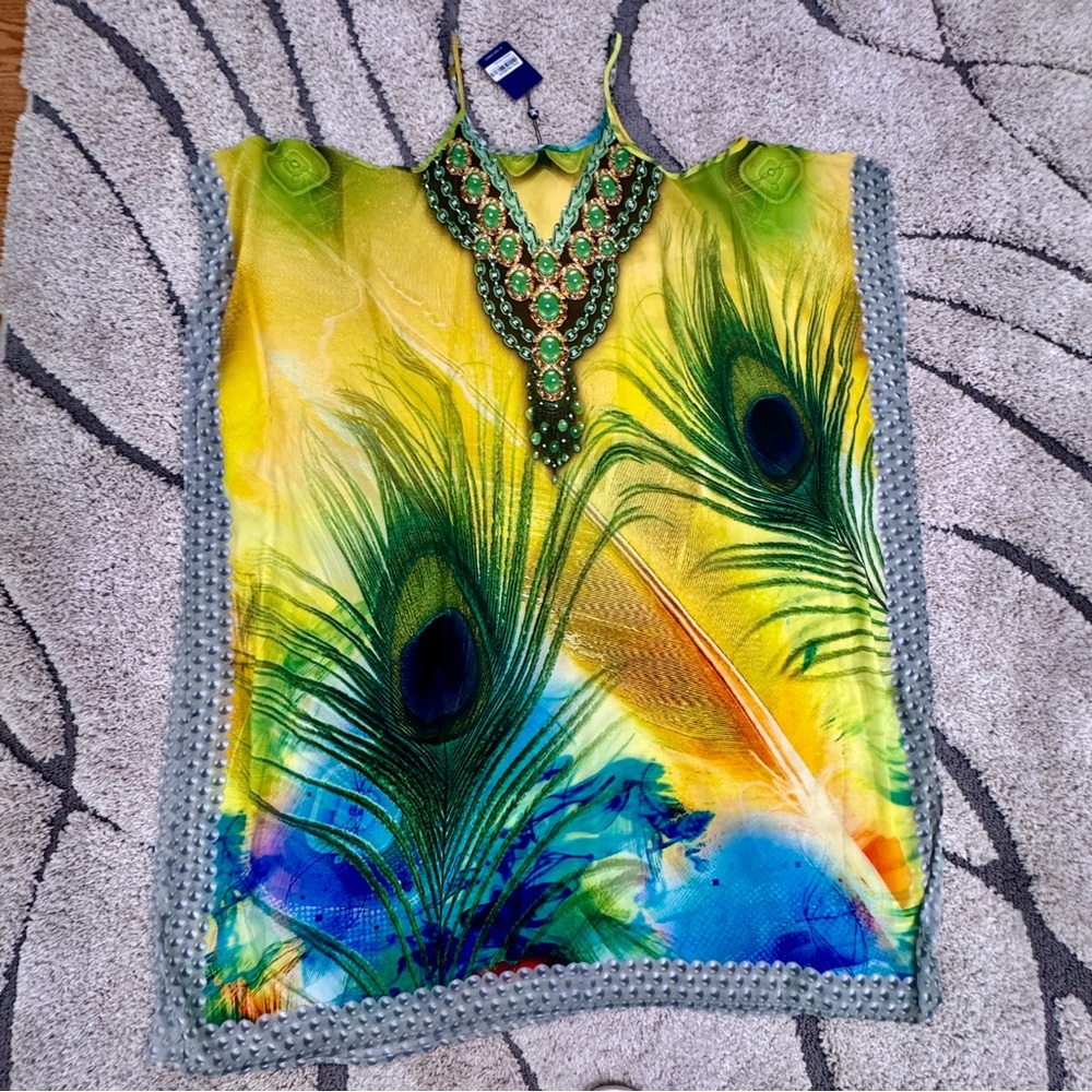 Multicolor Peacock Feather sheer kaftan